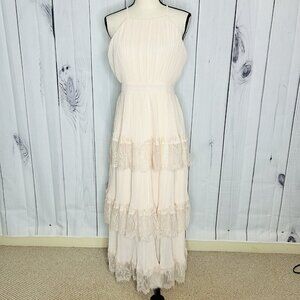 NWT Just Me Women's Pink Lace Ruffle Tiered Boho Sleeveless Pleated Dress Size M